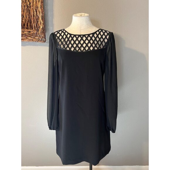 WHBM Shift Dress 10 Black Career Church Washable 3/4 Long Sleeve Lattice Trim - Picture 4 of 10
